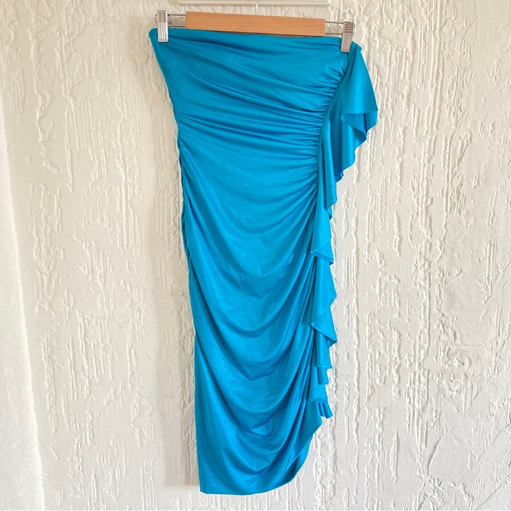 Cache Teal Blue Strapless Ruched Dress Size 2